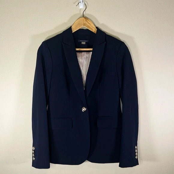Tommy Hilfiger Fitted Navy Blue Stretch Blazer Jacket Women Size 2 Preppy Casual - Picture 1 of 8